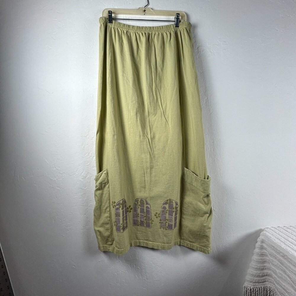 Vintage Blue Fish Women's Straight Maxi Skirt Elastic Waist Green Cotton Size 2